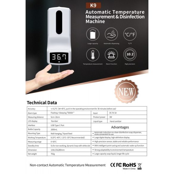 IN-K9 Digitális thermométer fertőtlenítő  adagolóval